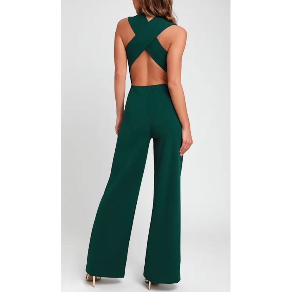 Lulus Thinking Out Loud Hunter Green Backless Jumpsuit Wide Leg NWT Small 2647